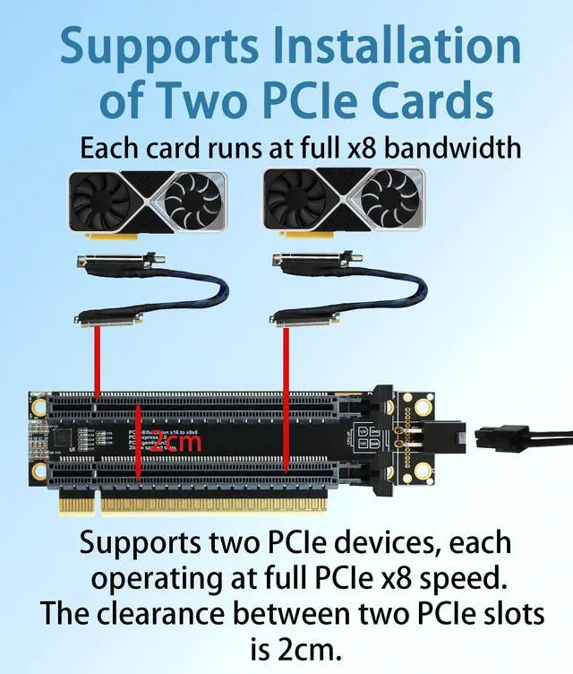 Alt view image 7 of 7 - HOOCCC P2A PCIe 4.0 x16 to Dual x8 Split Card, Gen4 Bifurcation Riser with Clock Chip, 6-Layer PCB 5µm Gold Plated, SATA/4-Pin Power, Low-Profile for Dual GPUs NVMe SSDs