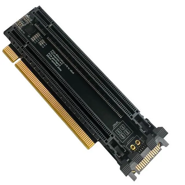 Alt view image 2 of 7 - HOOCCC P2A PCIe 4.0 x16 to Dual x8 Split Card, Gen4 Bifurcation Riser with Clock Chip, 6-Layer PCB 5µm Gold Plated, SATA/4-Pin Power, Low-Profile for Dual GPUs NVMe SSDs