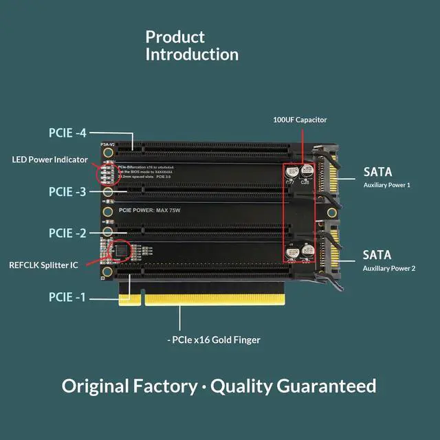 Alt view image 2 of 7 - HOOCCC PCIe x16 to 4 x4 Port Bifurcation Expansion Card, PCIe 3.0 1-to-4 Splitter Riser, 20mm Spacing, SATA Power, Gold-Plated, for NVMe/SSD/GPU/Network Cards, BIOS Bifurcation Required