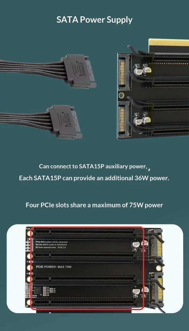 Alt view image 4 of 7 - HOOCCC PCIe x16 to 4 x4 Port Bifurcation Expansion Card, PCIe 3.0 1-to-4 Splitter Riser, 20mm Spacing, SATA Power, Gold-Plated, for NVMe/SSD/GPU/Network Cards, BIOS Bifurcation Required