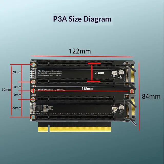 Alt view image 7 of 7 - HOOCCC PCIe x16 to 4 x4 Port Bifurcation Expansion Card, PCIe 3.0 1-to-4 Splitter Riser, 20mm Spacing, SATA Power, Gold-Plated, for NVMe/SSD/GPU/Network Cards, BIOS Bifurcation Required