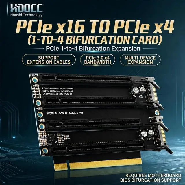 Main image of HOOCCC PCIe x16 to 4 x4 Port Bifurcation Expansion Card, PCIe 3.0 1-to-4 Splitter Riser, 20mm Spacing, SATA Power, Gold-Plated, for NVMe/SSD/GPU/Network Cards, BIOS Bifurcation Required