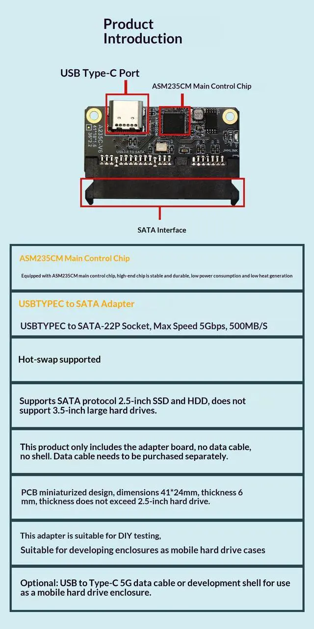 Alt view image 2 of 7 - HOOCCC USB-C to SATA III 3.0 Adapter Card for 2.5" SSD/HDD, ASM235CM Chip, 5Gbps High-Speed Transfer, UASP Supported, Compact DIY Hard Drive Converter (No Cable/Case Included)