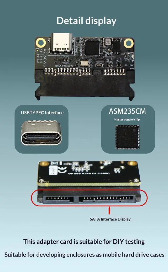 Alt view image 3 of 7 - HOOCCC USB-C to SATA III 3.0 Adapter Card for 2.5" SSD/HDD, ASM235CM Chip, 5Gbps High-Speed Transfer, UASP Supported, Compact DIY Hard Drive Converter (No Cable/Case Included)