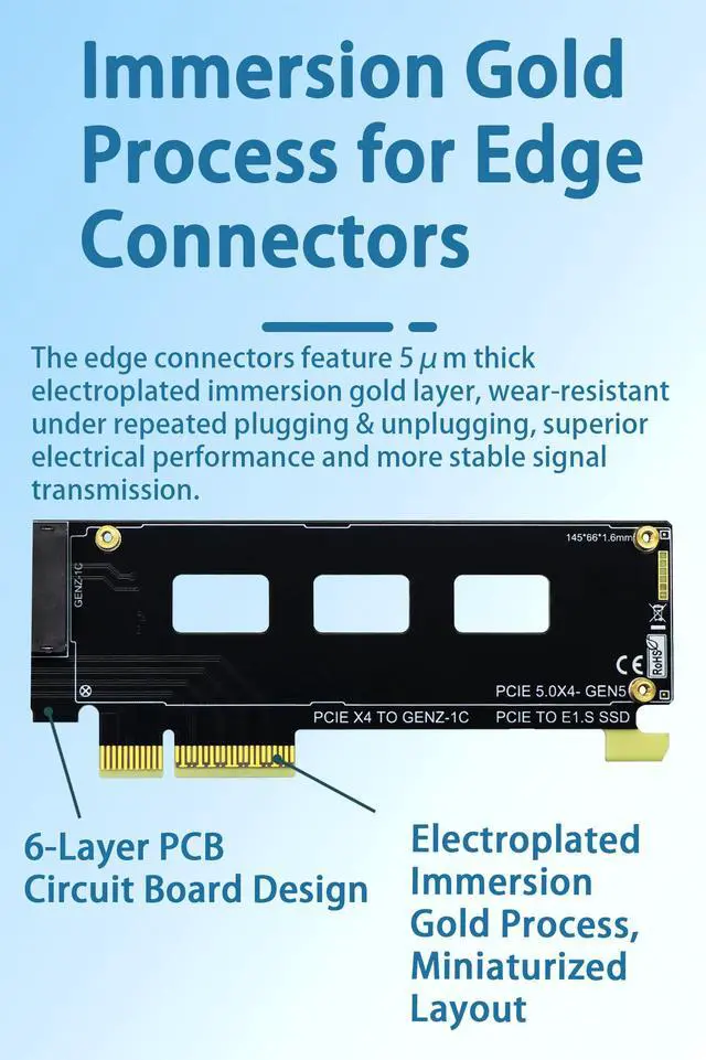 Alt view image 2 of 7 - HOOCCC PCIe 5.0 x4 to E1.S SSD Adapter Card, Up to 10000MB/s, with Heatsink & Full-Height/Half-Height Brackets, 6-Layer PCB, Compatible with PCIe 5.0/4.0/3.0 Slots (E1.S SSD Not Included)