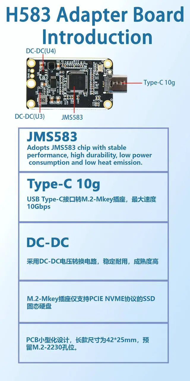 Alt view image 3 of 6 - HOOCCC USB-C to M.2 NVMe Adapter Board, JMS583 Chipset, 10Gbps Type-C 3.1/3.2 Gen 2, 42x25mm Mini PCB for M-Key 2230 SSD (No Cable/SSD)