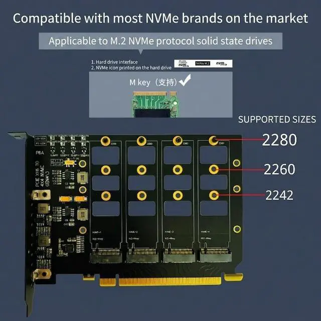 Alt view image 2 of 7 - HOOCCC 4-Port M.2 NVMe SSD PCIe 4.0 x16 Adapter Card | Quad Bay Expansion Card for 2280/2260/2242 M.2 SSD | Requires Motherboard PCIe Bifurcation | Full Height Bracket