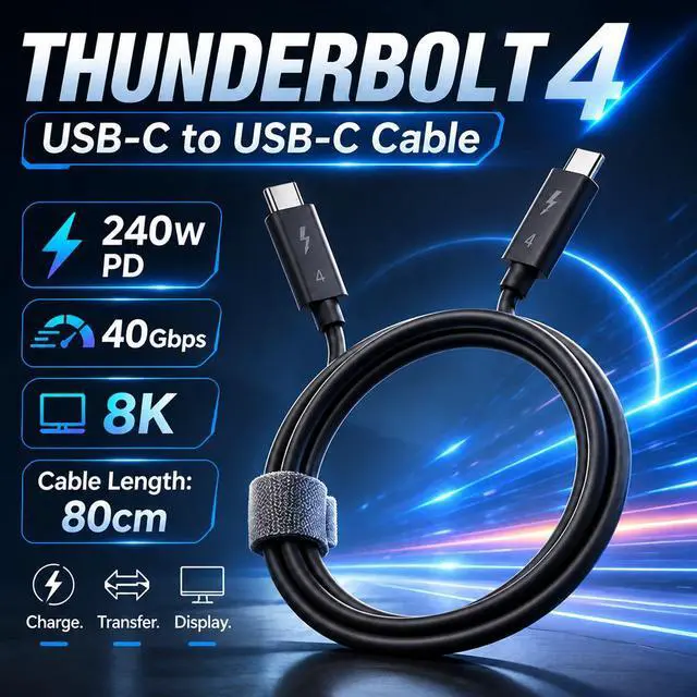Main image of HOOCCC Thunderbolt 4 Cable 80cm, 240W PD Fast Charging, 40Gbps Data Transfer, 8K Video Output USB-C to USB-C Cable for Laptop, Docking Station, SSD, MacBook, Windows