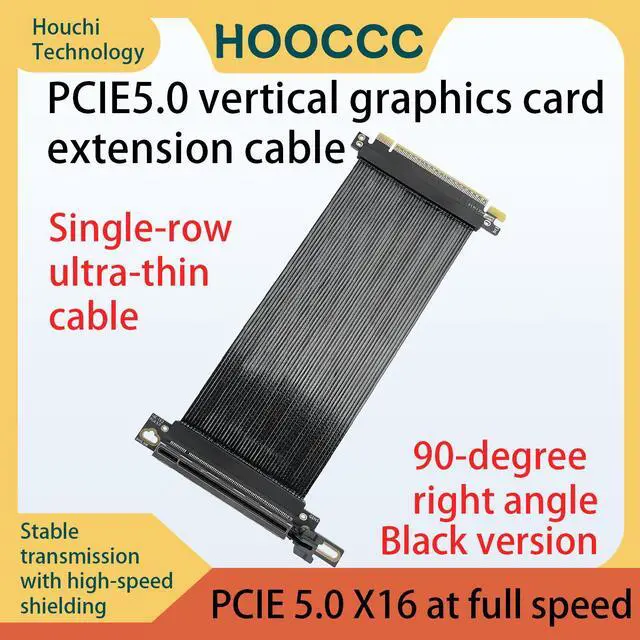 Main image of HOOCCC PCIe 5.0 X16 Riser Cable, 64GT/s GPU Extension Cord, Silver-Plated Wire & Gold-Plated Contacts, 90-Degree Right Angle Vertical Mount for RTX 5090/4080, AMD RX 9070XT, Black