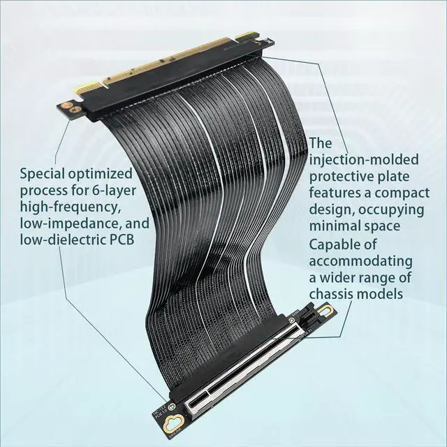 Alt view image 6 of 7 - HOOCCC PCIe 5.0 X16 Riser Cable, 64GT/s GPU Extension Cord, Silver-Plated Wire & Gold-Plated Contacts, 90-Degree Right Angle Vertical Mount for RTX 5090/4080, AMD RX 9070XT, Black