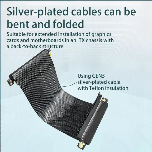 Alt view image 5 of 7 - HOOCCC PCIe 5.0 X16 Dual Reverse GPU Extension Cable for ITX Case, 64Gb/s Full Speed Riser, Silver-Plated Shielding, Suitable for Back-to-Back Motherboard & Graphics Card Installation 18.5cm