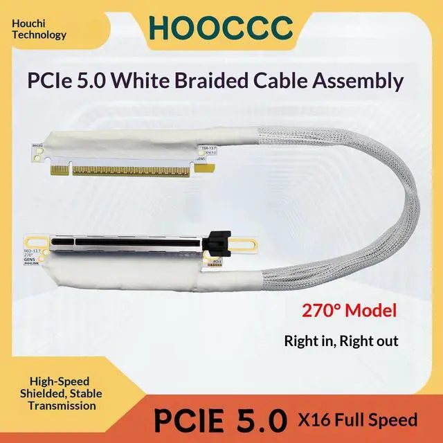 Main image of HOOCCC PCIe 5.0 X16 Riser Cable 64Gb/s White Braided Shielded GPU Extension Cable 270 Degree Right in Right out for Gaming PC Graphics Card SSD