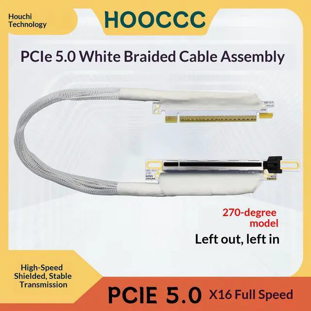 Main image of HOOCCC PCIe 5.0 X16 Riser Cable 64Gb/s White Braided Shielded GPU Extension Cable 270 Degree Right in Right out for Gaming PC Graphics Card SSD Left in / Left out 30cm