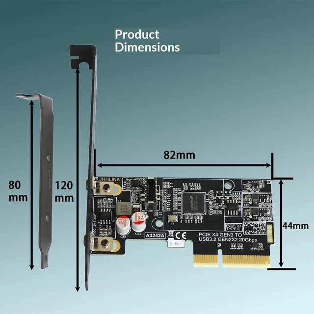 Alt view image 6 of 7 - HOOCCC PCIe x4 to Type-E Adapter Card, USB 3.2 Gen 2x2 20Gbps, ASM3242, Full & Low Profile Brackets