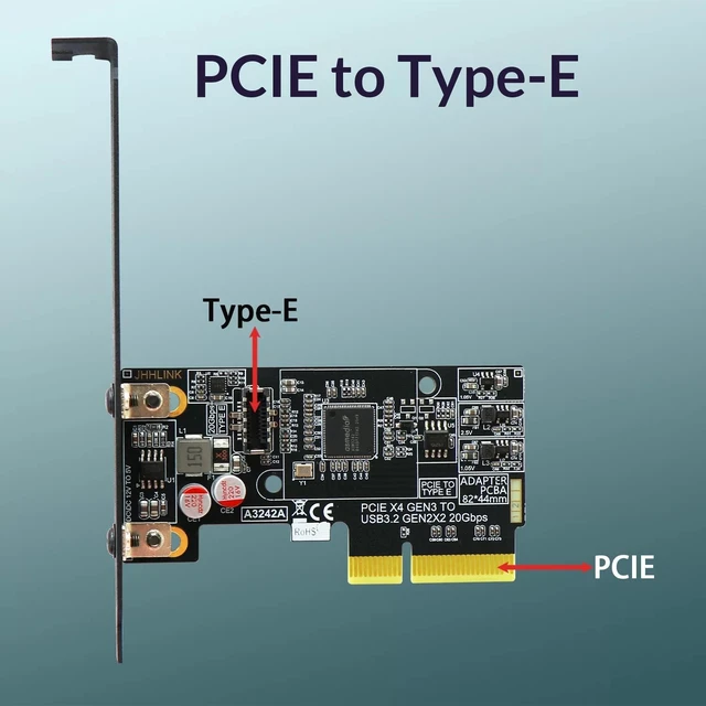 Alt view image 2 of 7 - HOOCCC PCIe x4 to Type-E Adapter Card, USB 3.2 Gen 2x2 20Gbps, ASM3242, Full & Low Profile Brackets