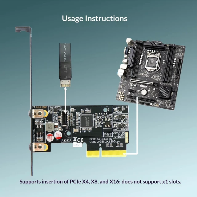 Alt view image 3 of 7 - HOOCCC PCIe x4 to Type-E Adapter Card, USB 3.2 Gen 2x2 20Gbps, ASM3242, Full & Low Profile Brackets