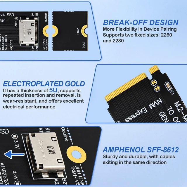 Alt view image 3 of 6 - HOOCCC M.2 NVMe to OCuLink Adapter, PCIe 4.0 x4 Up to 64Gbps, M-Key SFF-8612 Converter for eGPU Dock