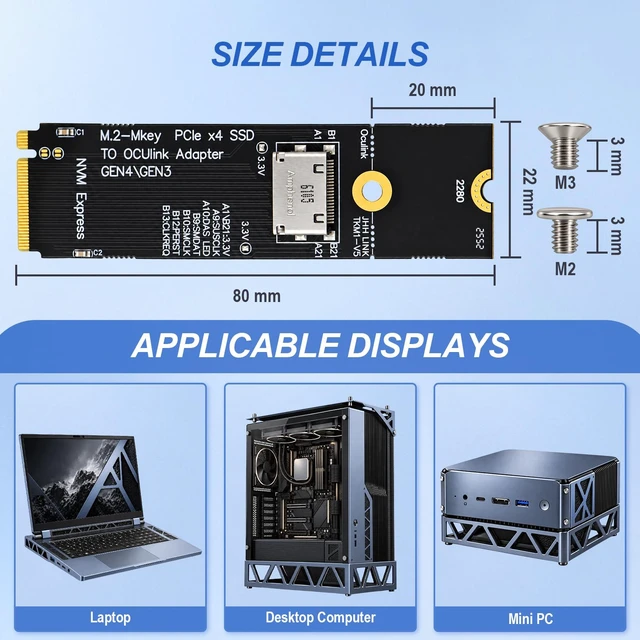 Alt view image 6 of 6 - HOOCCC M.2 NVMe to OCuLink Adapter, PCIe 4.0 x4 Up to 64Gbps, M-Key SFF-8612 Converter for eGPU Dock