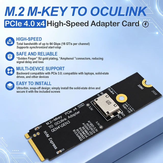 Alt view image 2 of 6 - HOOCCC M.2 NVMe to OCuLink Adapter, PCIe 4.0 x4 Up to 64Gbps, M-Key SFF-8612 Converter for eGPU Dock