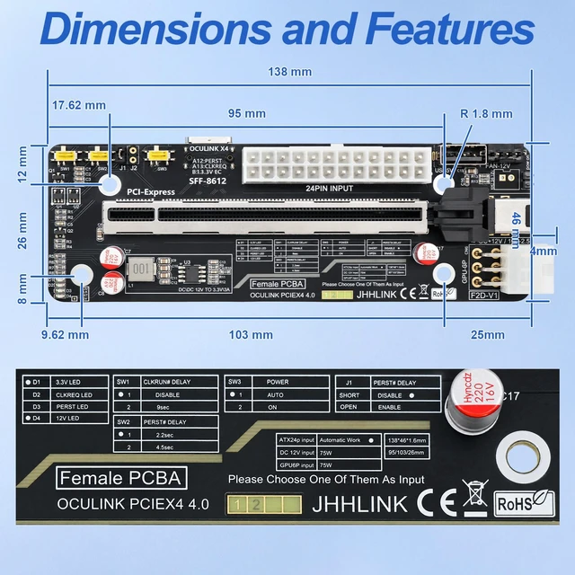 Alt view image 7 of 7 - HOOCCC GPU DOCK OCuLink eGPU Dock Motherboard Dock Station PCIe 4.0 x4, SFF-8612 to PCIe x16 Riser Card for External Graphics Card, ATX/Dual Power Supply, 64Gbps High-Speed Adapter for Mini PC/Laptop