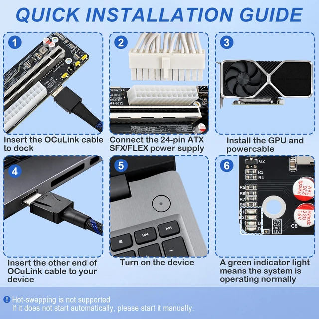 Alt view image 5 of 7 - HOOCCC GPU DOCK OCuLink eGPU Dock Motherboard Dock Station PCIe 4.0 x4, SFF-8612 to PCIe x16 Riser Card for External Graphics Card, ATX/Dual Power Supply, 64Gbps High-Speed Adapter for Mini PC/Laptop