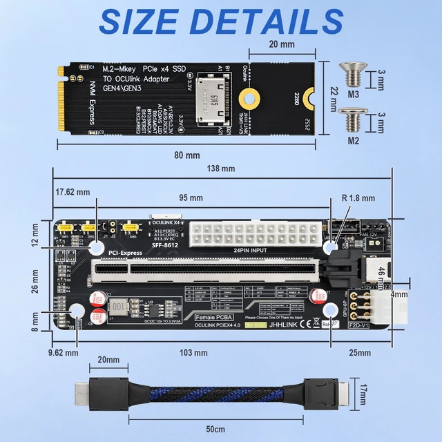 Alt view image 5 of 6 - HOOCCC OCuLink PCIe 4.0 x4 eGPU Docking Station Kit, M.2 NVMe to SFF-8612 Adapter & 50cm Cable, ATX 24Pin GPU Dock Board for Mini PC Laptop