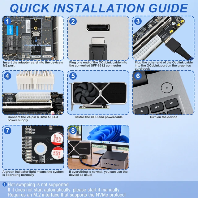 Alt view image 4 of 6 - HOOCCC OCuLink PCIe 4.0 x4 eGPU Docking Station Kit, M.2 NVMe to SFF-8612 Adapter & 50cm Cable, ATX 24Pin GPU Dock Board for Mini PC Laptop