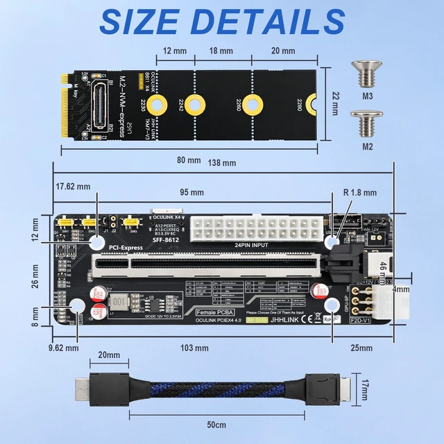 Alt view image 5 of 6 - HOOCCC OCuLink PCIe 4.0 x4 eGPU Docking Station Kit, M.2 NVMe to SFF-8612 Adapter & 50cm Cable, ATX 24Pin GPU Dock Board for Mini PC Laptop Combo 2