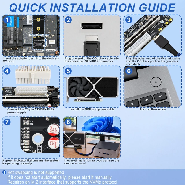 Alt view image 4 of 6 - HOOCCC OCuLink PCIe 4.0 x4 eGPU Docking Station Kit, M.2 NVMe to SFF-8612 Adapter & 50cm Cable, ATX 24Pin GPU Dock Board for Mini PC Laptop Combo 2