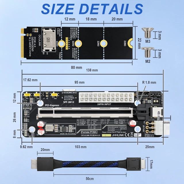 Alt view image 5 of 6 - HOOCCC OCuLink PCIe 4.0 x4 eGPU Docking Station Kit, M.2 NVMe to SFF-8612 Adapter & 50cm Cable, ATX 24Pin GPU Dock Board for Mini PC Laptop Combo 3
