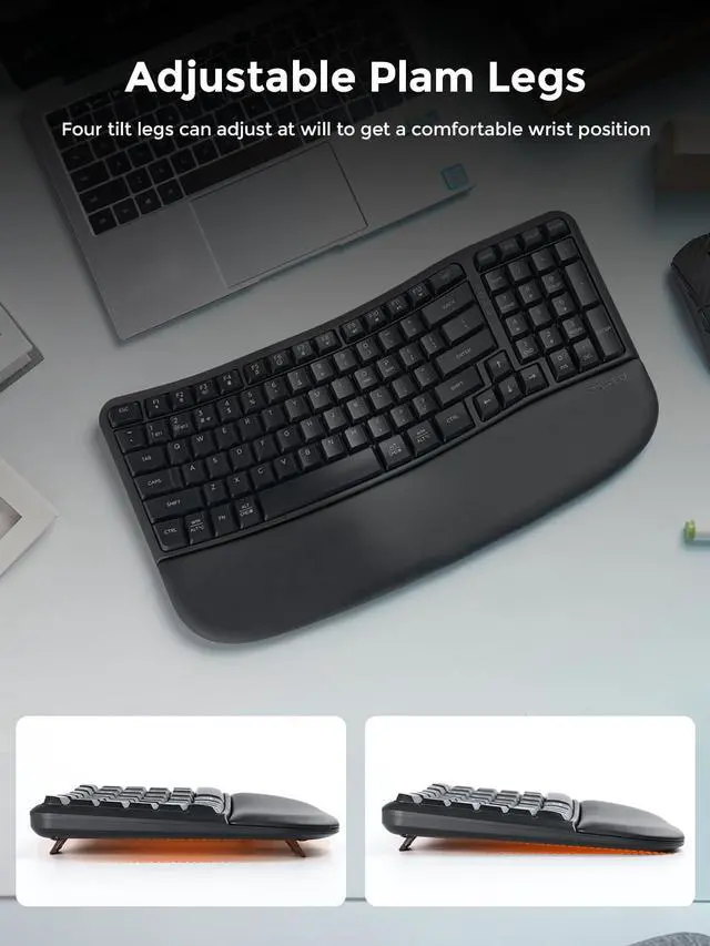 Alt view image 4 of 6 - Wireless Ergonomic Keyboard,Ergo Keyboard with Cushioned Wrist & Palm Rest,2.4GHz / BT Ergonomic Wave Keys Computer Keyboard,3 Multi-Device Connectivity for Laptop,Mac,Windows - Black