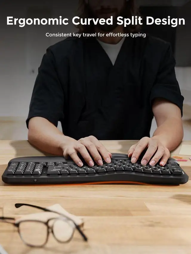 Alt view image 2 of 6 - Wireless Ergonomic Keyboard,Ergo Keyboard with Cushioned Wrist & Palm Rest,2.4GHz / BT Ergonomic Wave Keys Computer Keyboard,3 Multi-Device Connectivity for Laptop,Mac,Windows - Black