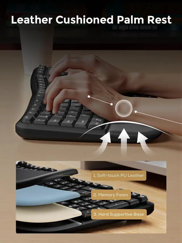 Alt view image 3 of 6 - Wireless Ergonomic Keyboard,Ergo Keyboard with Cushioned Wrist & Palm Rest,2.4GHz / BT Ergonomic Wave Keys Computer Keyboard,3 Multi-Device Connectivity for Laptop,Mac,Windows - Black