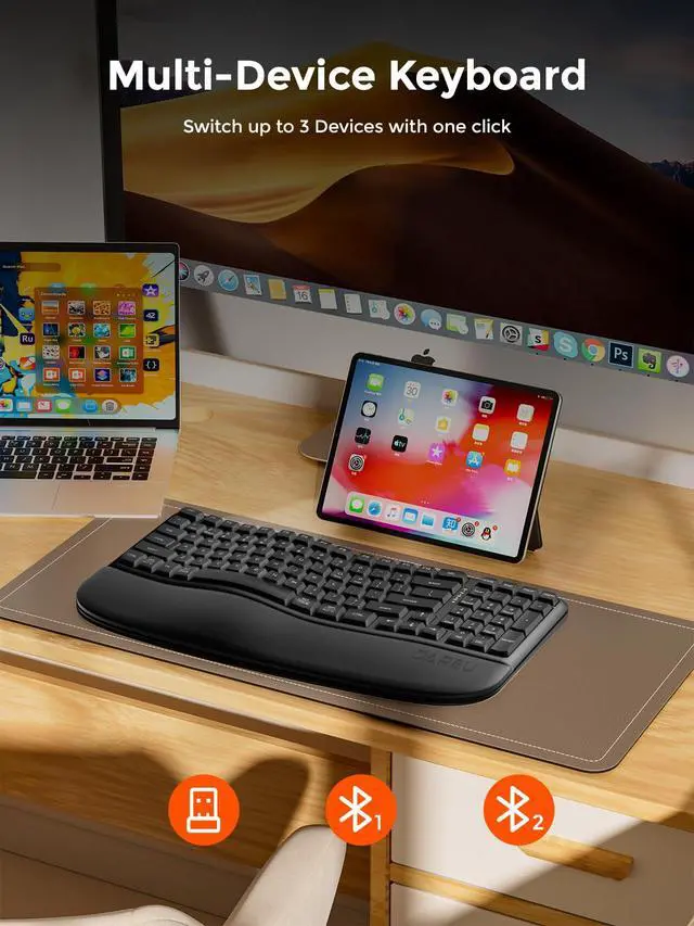 Alt view image 5 of 6 - Wireless Ergonomic Keyboard,Ergo Keyboard with Cushioned Wrist & Palm Rest,2.4GHz / BT Ergonomic Wave Keys Computer Keyboard,3 Multi-Device Connectivity for Laptop,Mac,Windows - Black