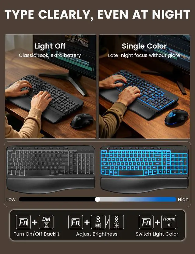 Alt view image 4 of 7 - Wireless Keyboard and Mouse Combo, Ergonomic Wave with Wrist Rest