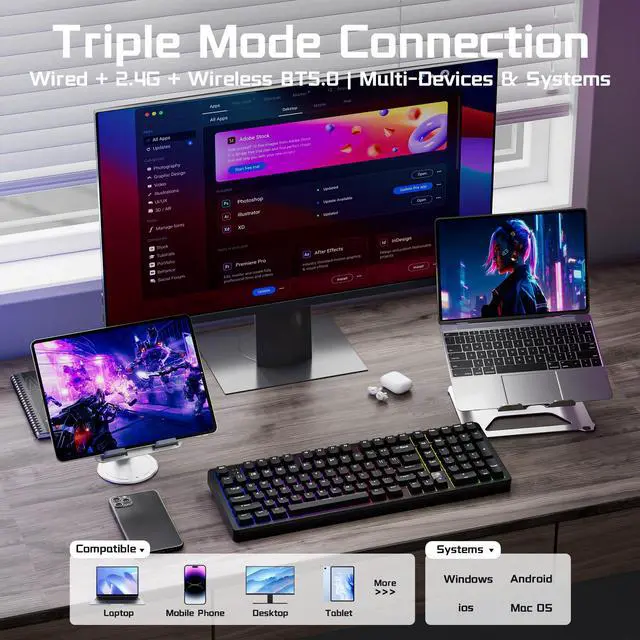 Alt view image 3 of 7 - LEOBOG HI98C Pro Wireless Mechanical Gaming Aluminum Keyboard with Num Pad