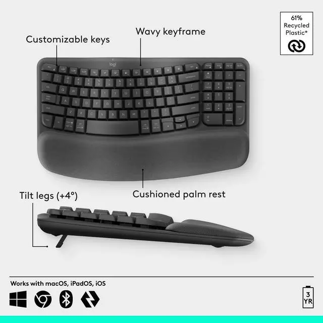 Alt view image 6 of 7 - Wave Keys Wireless Ergonomic Keyboard - Graphite