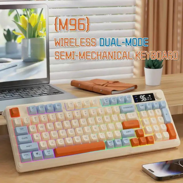 Alt view image 2 of 7 - M96 Wireless Gaming Keyboard,Knob Control Bluetooth/2.4G Wireless Mechanical Feeling Keyboard,RGB LED Backlit with Display Screen, PBT Keycap, 3000mAh, 94-Key Layout for Win/Mac (Blueberry)