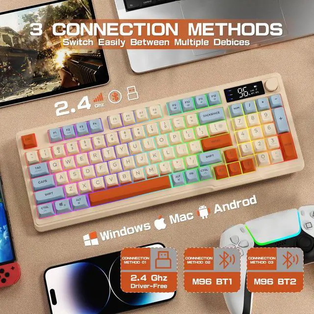 Alt view image 3 of 7 - M96 Wireless Gaming Keyboard,Knob Control Bluetooth/2.4G Wireless Mechanical Feeling Keyboard,RGB LED Backlit with Display Screen, PBT Keycap, 3000mAh, 94-Key Layout for Win/Mac (Blueberry)