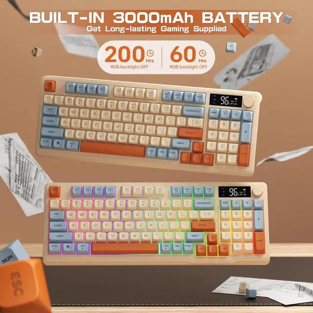 Alt view image 6 of 7 - M96 Wireless Gaming Keyboard,Knob Control Bluetooth/2.4G Wireless Mechanical Feeling Keyboard,RGB LED Backlit with Display Screen, PBT Keycap, 3000mAh, 94-Key Layout for Win/Mac (Blueberry)