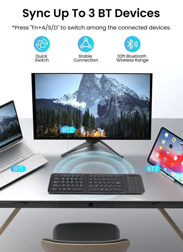 Alt view image 2 of 7 - Foldable Bluetooth Keyboard, Folding Wireless Keyboard with Trackpad and Numeric Keypad, Portable Travel Keyboards for iPad Tablet Smartphone Laptop PC Windows iOS Android, Black