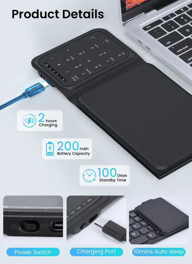Alt view image 4 of 7 - Foldable Bluetooth Keyboard, Folding Wireless Keyboard with Trackpad and Numeric Keypad, Portable Travel Keyboards for iPad Tablet Smartphone Laptop PC Windows iOS Android, Black