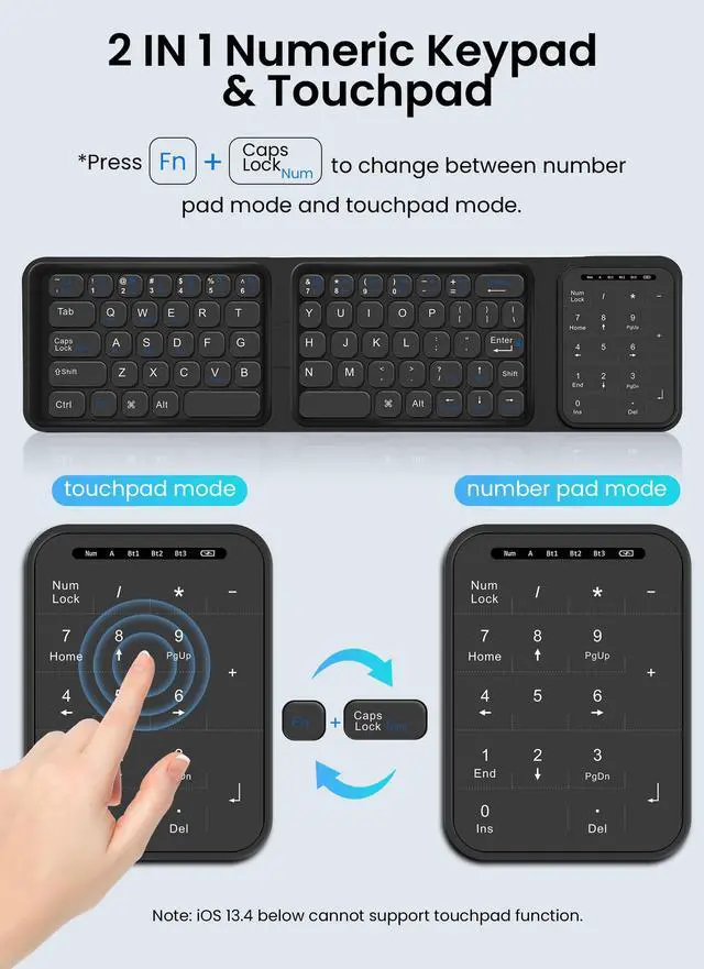 Alt view image 3 of 7 - Foldable Bluetooth Keyboard, Folding Wireless Keyboard with Trackpad and Numeric Keypad, Portable Travel Keyboards for iPad Tablet Smartphone Laptop PC Windows iOS Android, Black