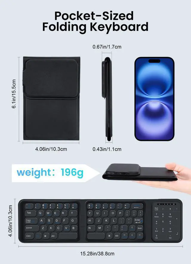 Alt view image 7 of 7 - Foldable Bluetooth Keyboard, Folding Wireless Keyboard with Trackpad and Numeric Keypad, Portable Travel Keyboards for iPad Tablet Smartphone Laptop PC Windows iOS Android, Black