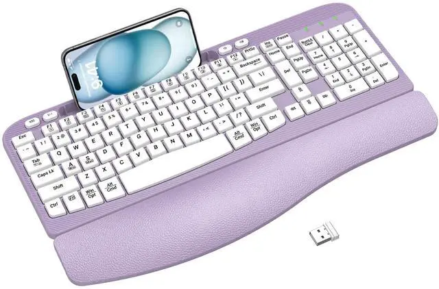 Main image of 2.4G Wireless Ergonomic Keyboard, Full Size Wave Keys with Memory Foam Wrist Rest & 7.28in Phone Holder, USB-C Adapter Included for Windows Mac Chrome OS, Office or Home (Purple)
