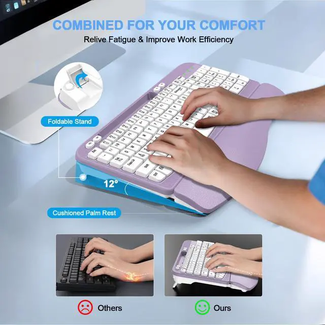 Alt view image 2 of 7 - 2.4G Wireless Ergonomic Keyboard, Full Size Wave Keys with Memory Foam Wrist Rest & 7.28in Phone Holder, USB-C Adapter Included for Windows Mac Chrome OS, Office or Home (Purple)