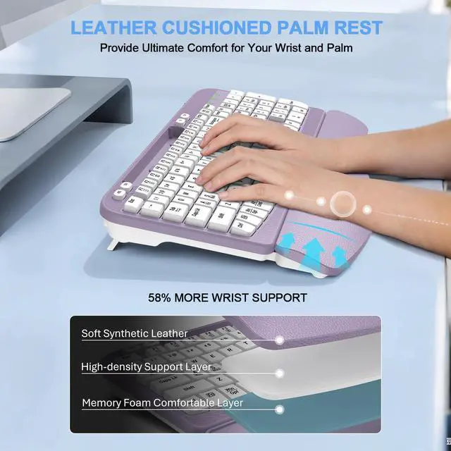 Alt view image 3 of 7 - 2.4G Wireless Ergonomic Keyboard, Full Size Wave Keys with Memory Foam Wrist Rest & 7.28in Phone Holder, USB-C Adapter Included for Windows Mac Chrome OS, Office or Home (Purple)