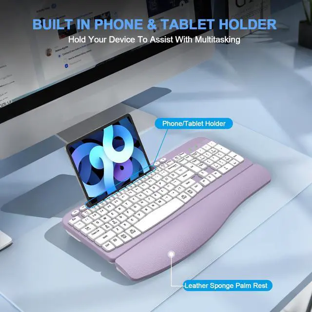 Alt view image 4 of 7 - 2.4G Wireless Ergonomic Keyboard, Full Size Wave Keys with Memory Foam Wrist Rest & 7.28in Phone Holder, USB-C Adapter Included for Windows Mac Chrome OS, Office or Home (Purple)