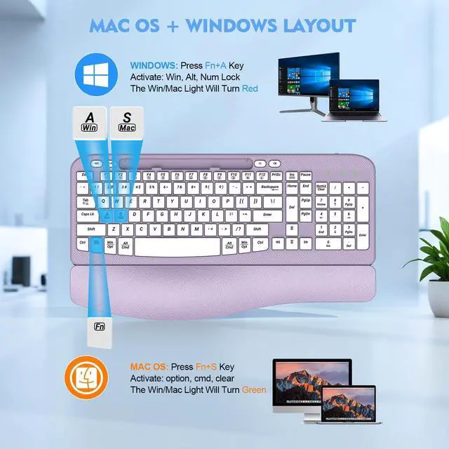 Alt view image 6 of 7 - 2.4G Wireless Ergonomic Keyboard, Full Size Wave Keys with Memory Foam Wrist Rest & 7.28in Phone Holder, USB-C Adapter Included for Windows Mac Chrome OS, Office or Home (Purple)