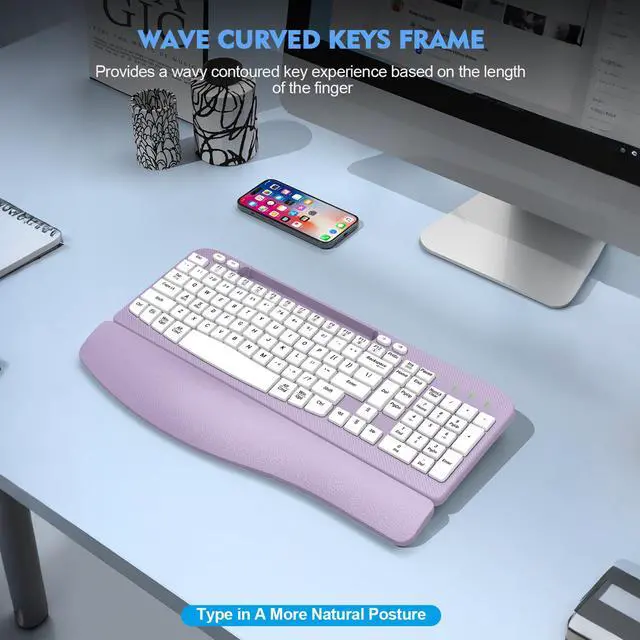 Alt view image 5 of 7 - 2.4G Wireless Ergonomic Keyboard, Full Size Wave Keys with Memory Foam Wrist Rest & 7.28in Phone Holder, USB-C Adapter Included for Windows Mac Chrome OS, Office or Home (Purple)